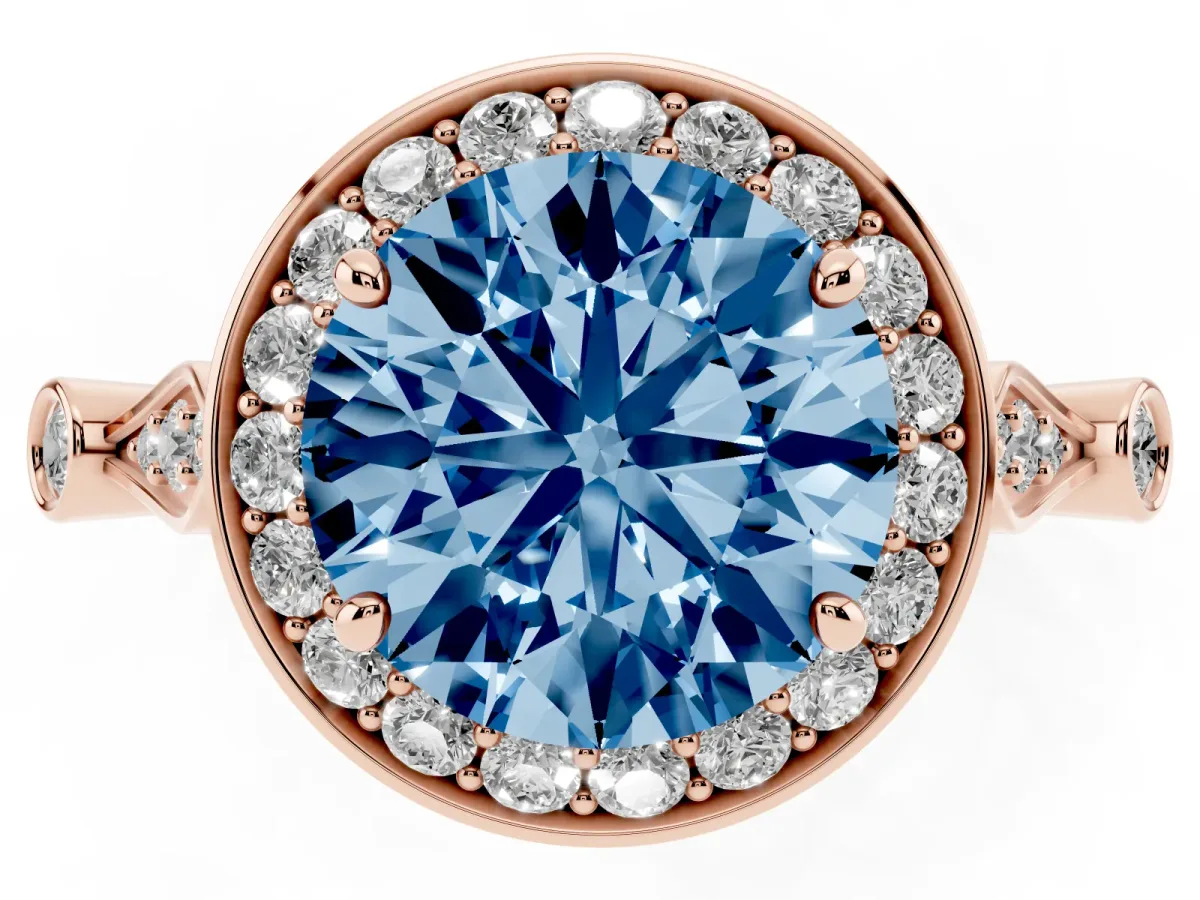 Fancy Blue Round Cut Halo Diamond Engagement Ring with Twisted Band and Four-Prong Setting Rose gold