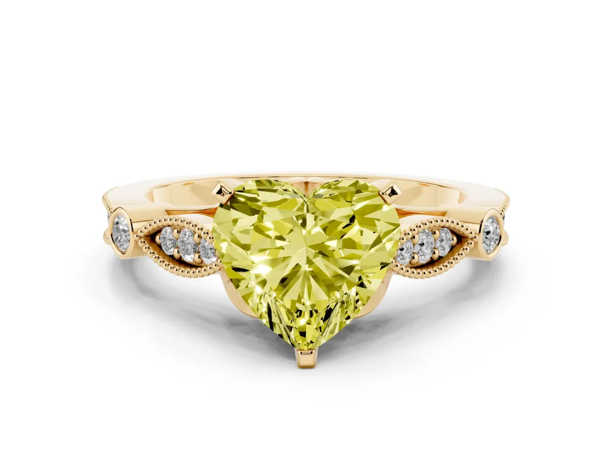 Fancy Yellow Heart Cut Cut Diamond with Milgrain Marquise and Bezel Accents on a Solitaire Band with Prong Setting Yellow gold