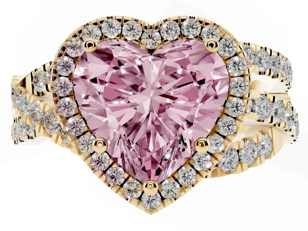 Fancy Pink Heart Cut Diamond Halo Ring with Round Split Shank and Prong Setting Yellow gold