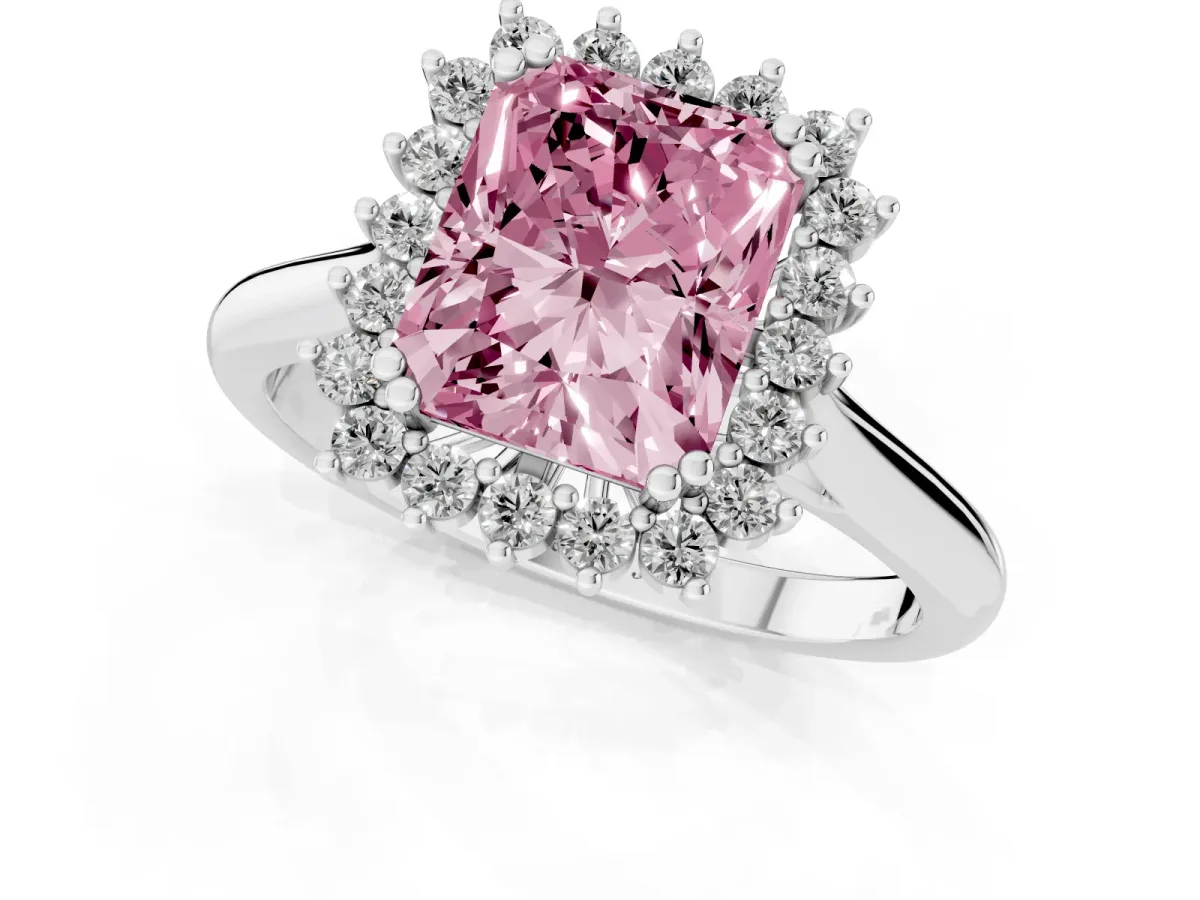 Fancy Pink Radiant Cut Cut Diamond Halo Ring with Solitaire Band and Prong Setting Platinum