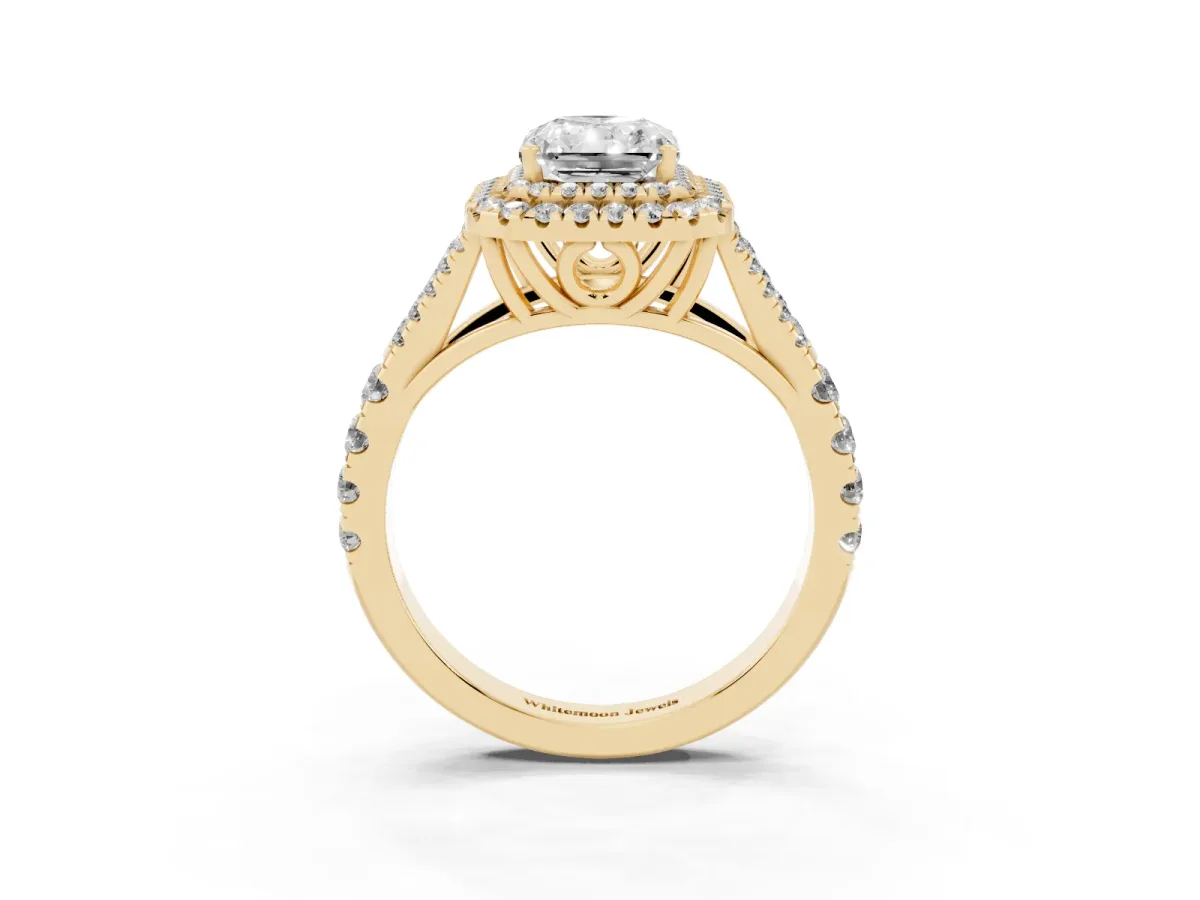 Radiant Cut Diamond Pavé Split Shank Double Halo Engagement Ring Yellow gold