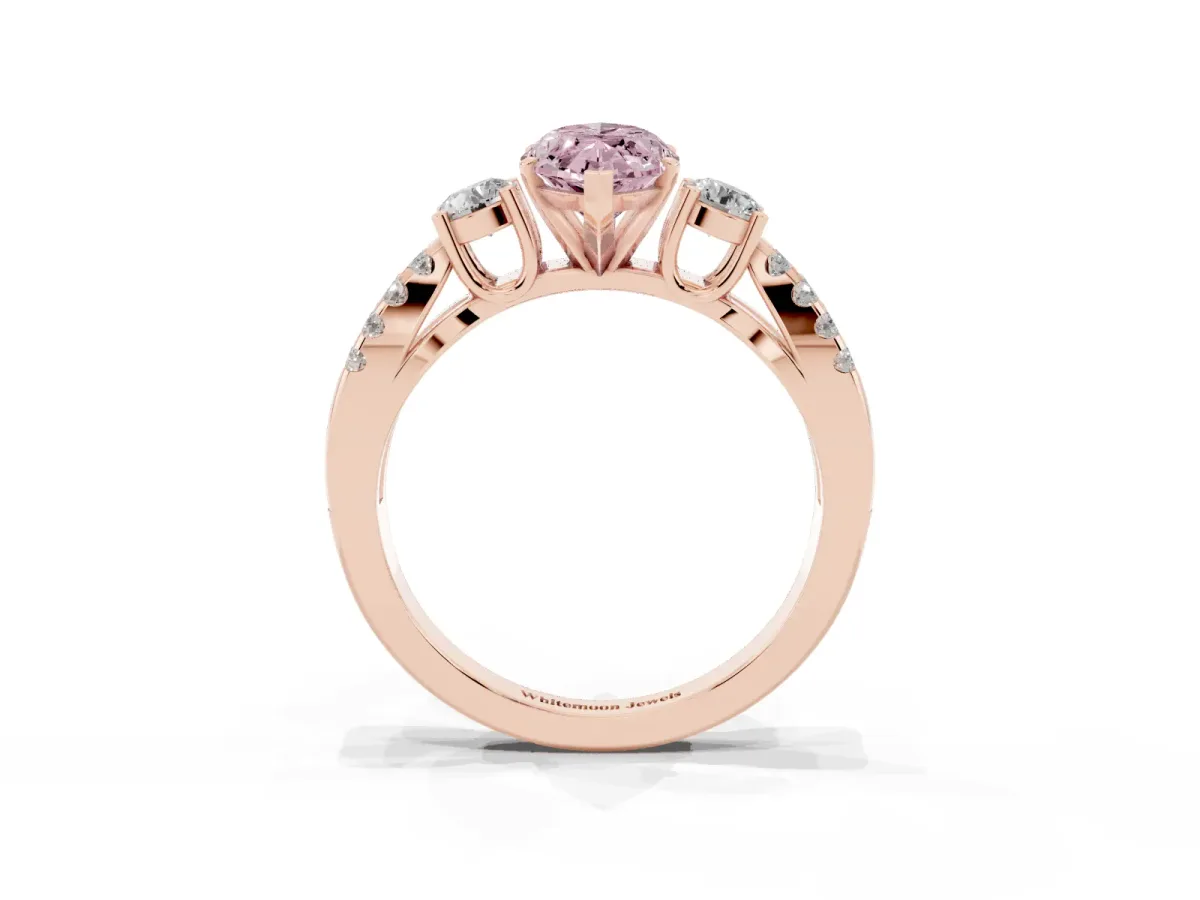 Fancy Pink Marquise Cut Diamond Three-Stone Ring with Pavé Split Shank and Four-Prong Setting Rose gold