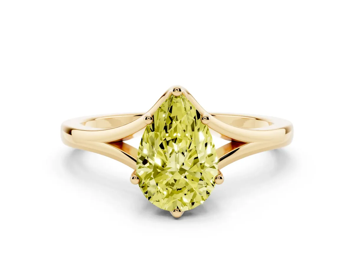Fancy Yellow Pear Cut Solitaire Diamond Ring with Six-Prong Setting and Tapered Band Yellow gold