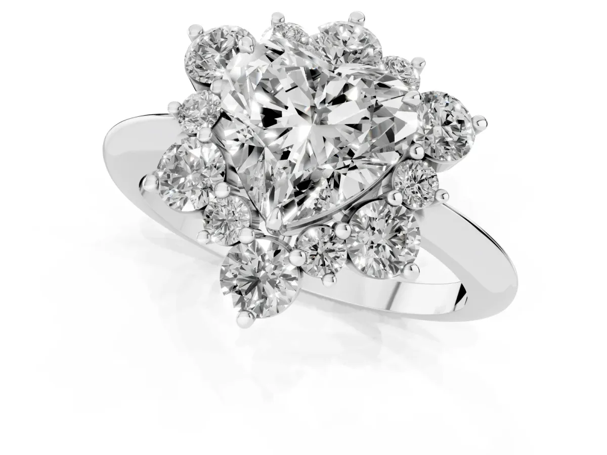 Heart Cut Diamond Cluster Halo Ring with Solitaire Band and Four-Prong Setting Platinum