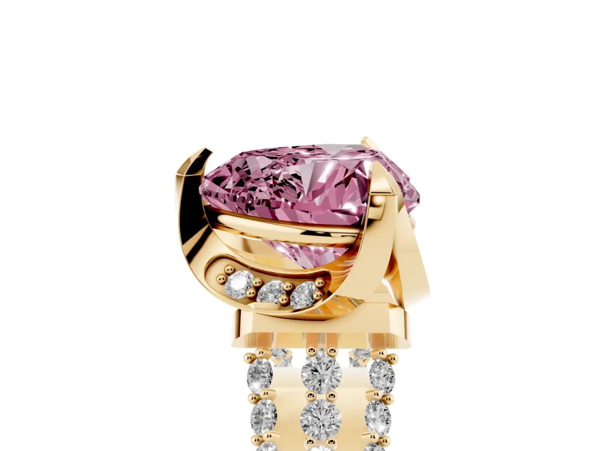 Fancy Pink Heart Cut Solitaire Pave Split Shank Ring with Four-Prong Setting Yellow gold