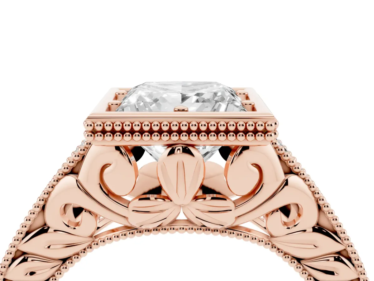 Bezel Set Princess Cut Diamond Milgrain Pave Engagement Ring Rose gold