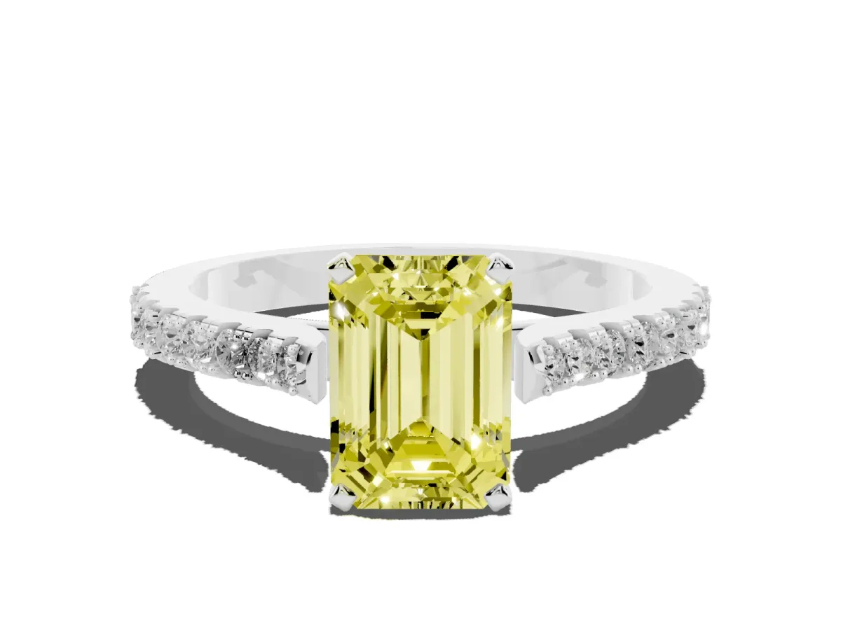Fancy Yellow Emerald Cut Cut Solitaire Diamond Engagement Ring with Pave Band and Four-Prong Setting Platinum