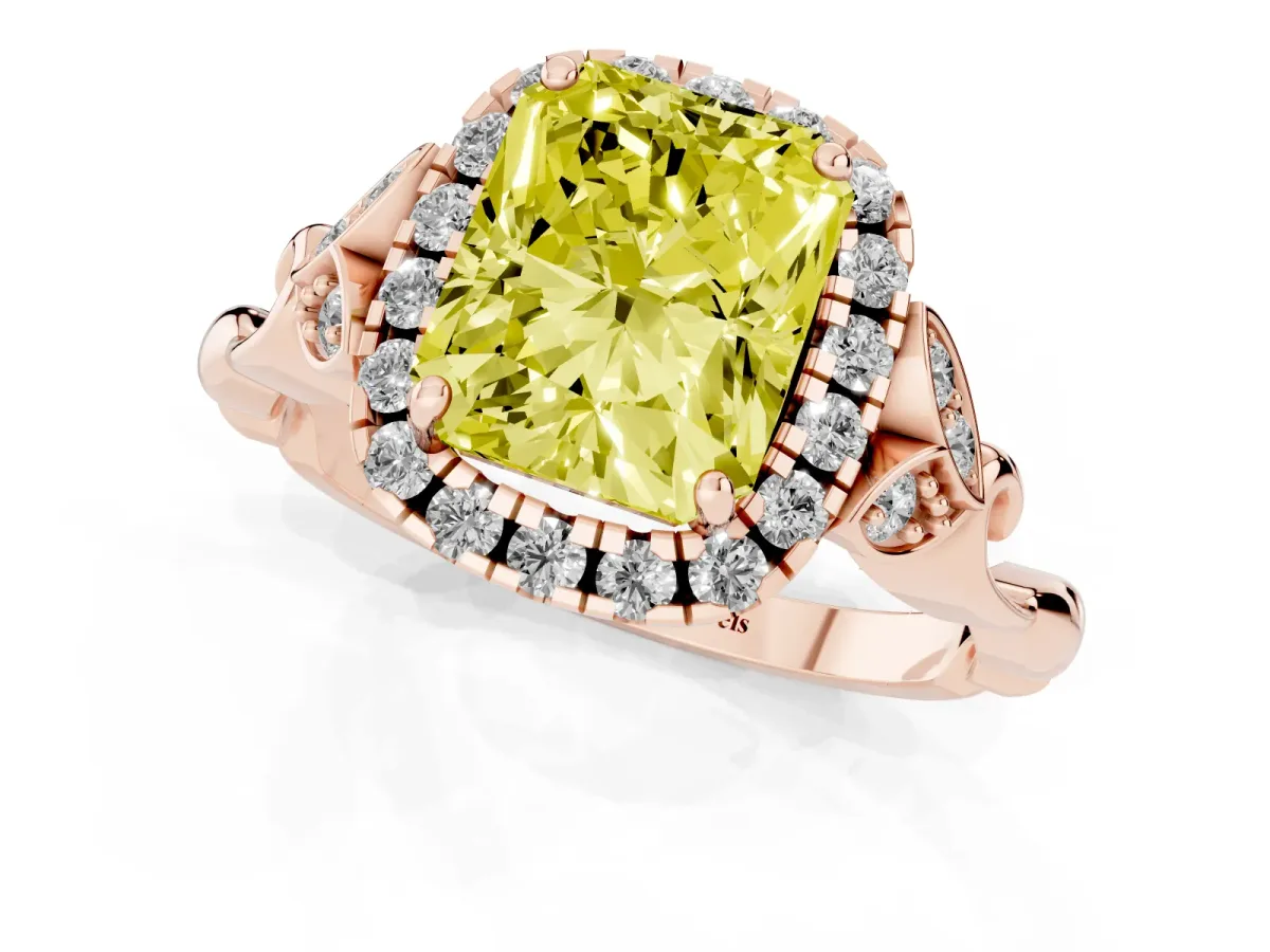 Fancy Yellow Radiant Cut Halo Diamond Engagement Ring with Vintage-Inspired Band and Four-Prong Setting Rose gold