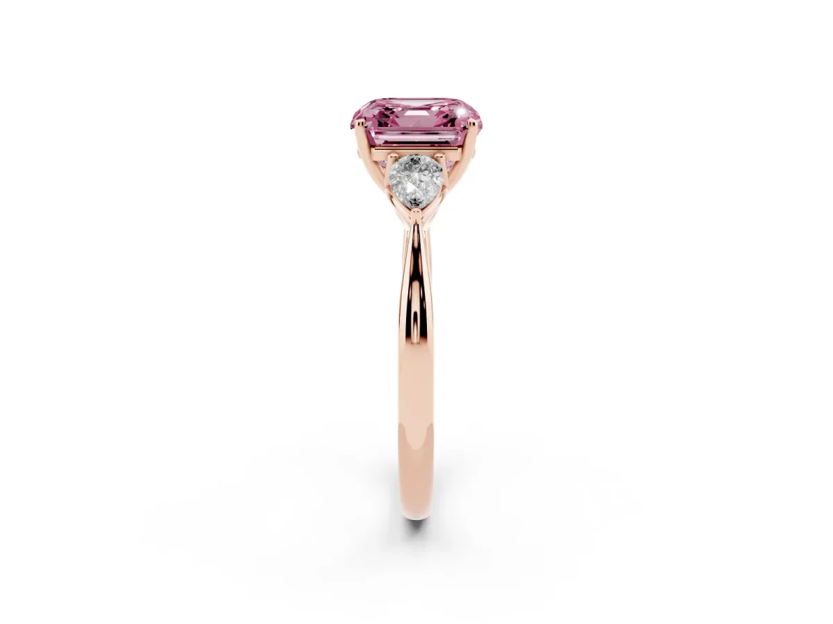 Fancy Pink Asscher Cut Diamond Three-Stone Ring with Pear Side Stones and Prong Setting Rose gold