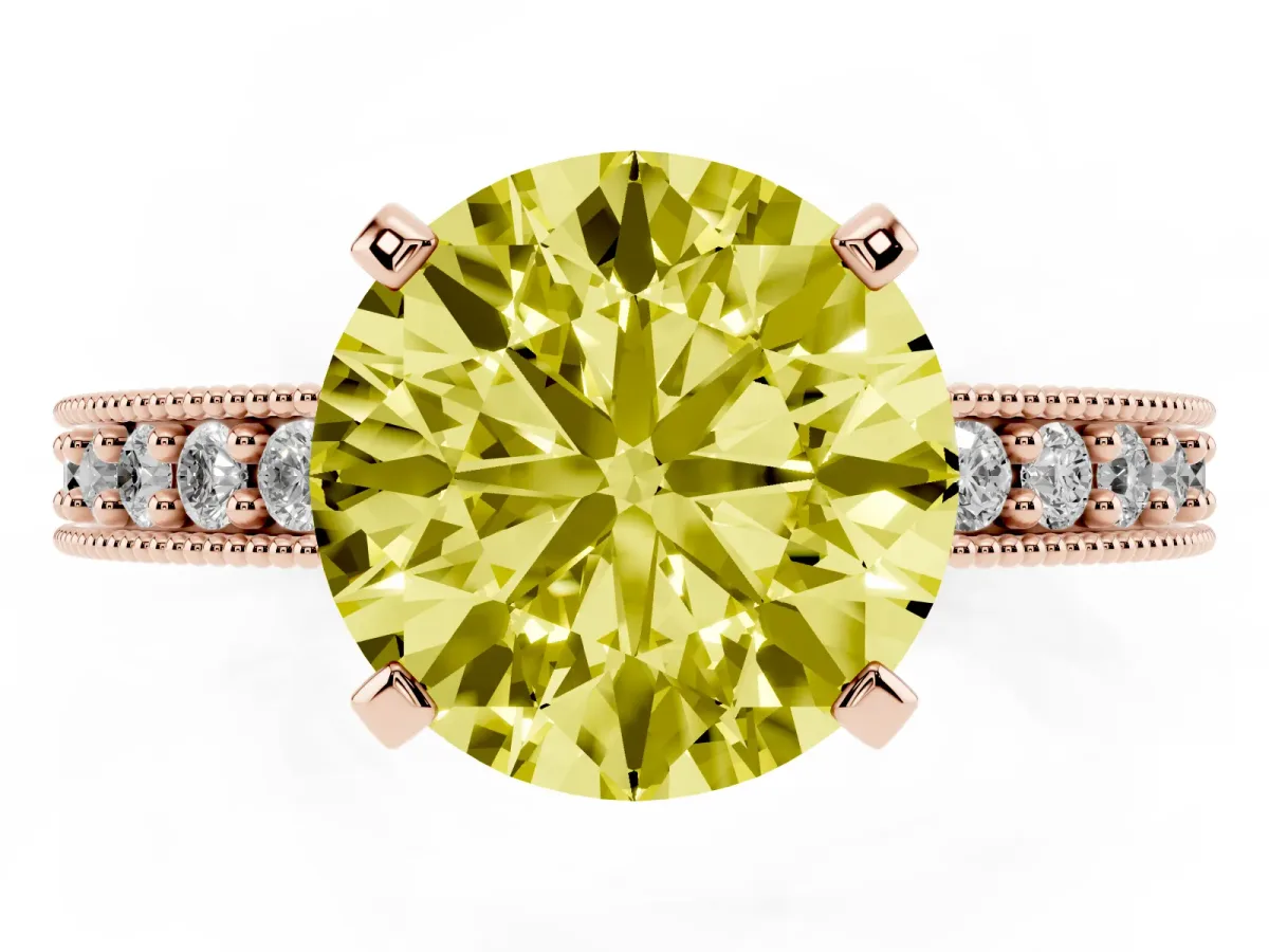 Fancy Yellow Round Cut Diamond Milgrain Pavé Engagement Ring with Four-Prong Setting Rose gold
