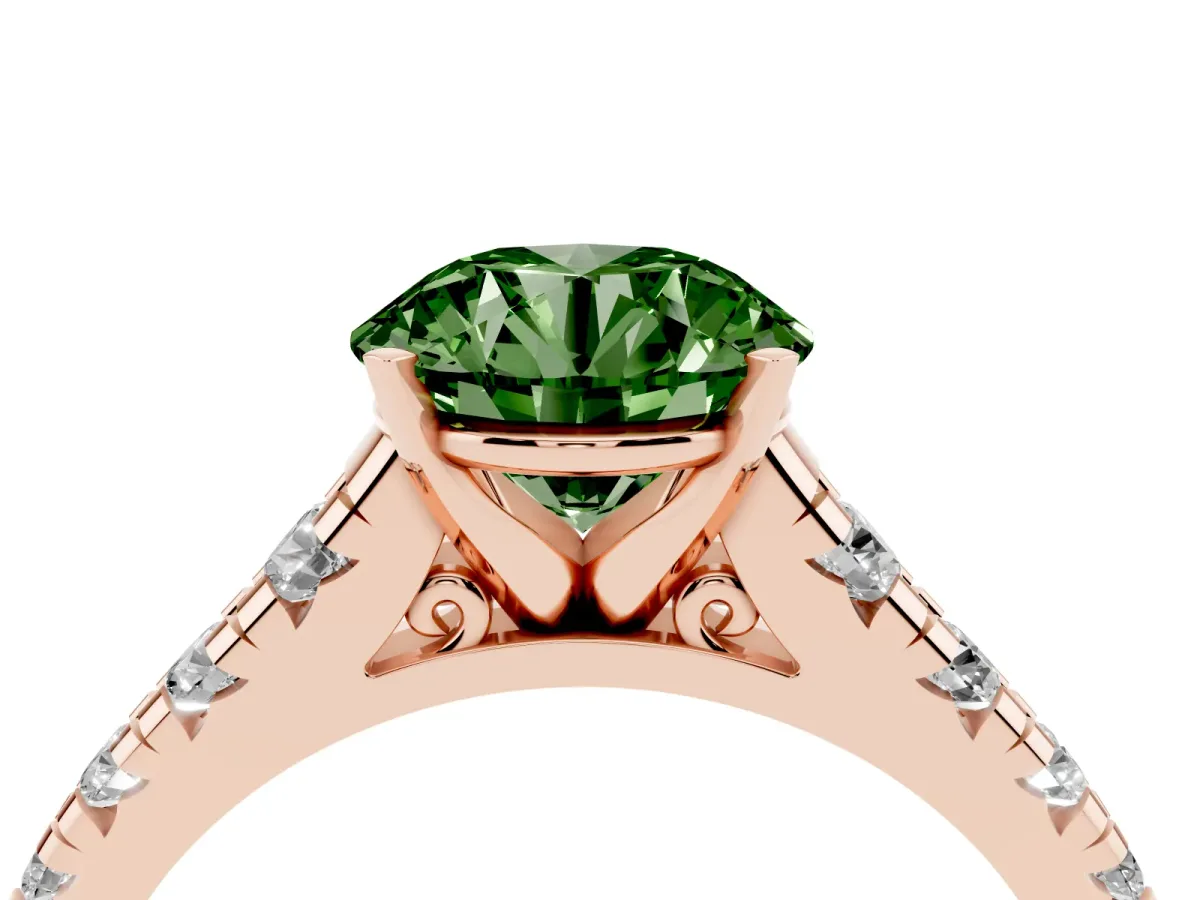 Fancy Green Round Cut Diamond Cathedral Solitaire Ring with Round Pavé Band Rose gold