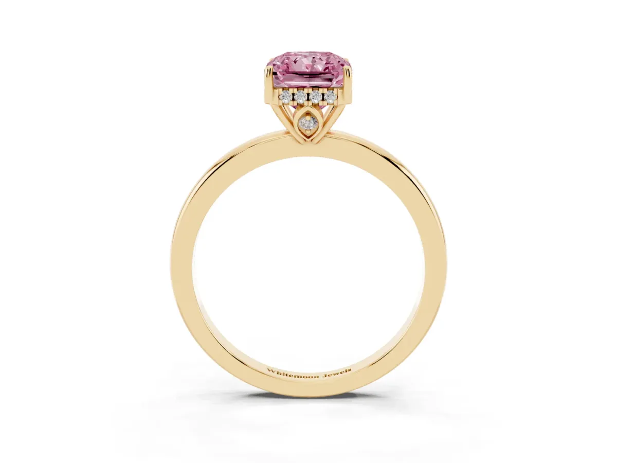 Fancy Pink Radiant Cut Solitaire Diamond Ring with Prong Setting and Plain Band Yellow gold