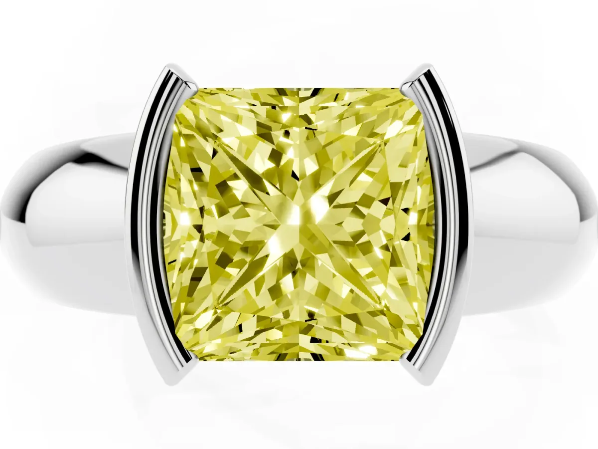 Fancy Yellow Princess Cut Solitaire Tension Set Diamond Ring with Wide Band Silver