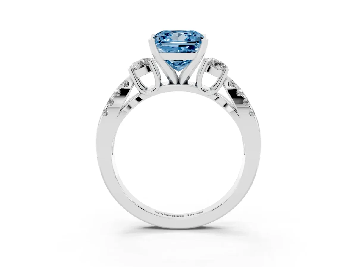 Fancy Blue Princess Cut Diamond Three-Stone Ring with Pavé Split Shank and Four-Prong Setting Silver