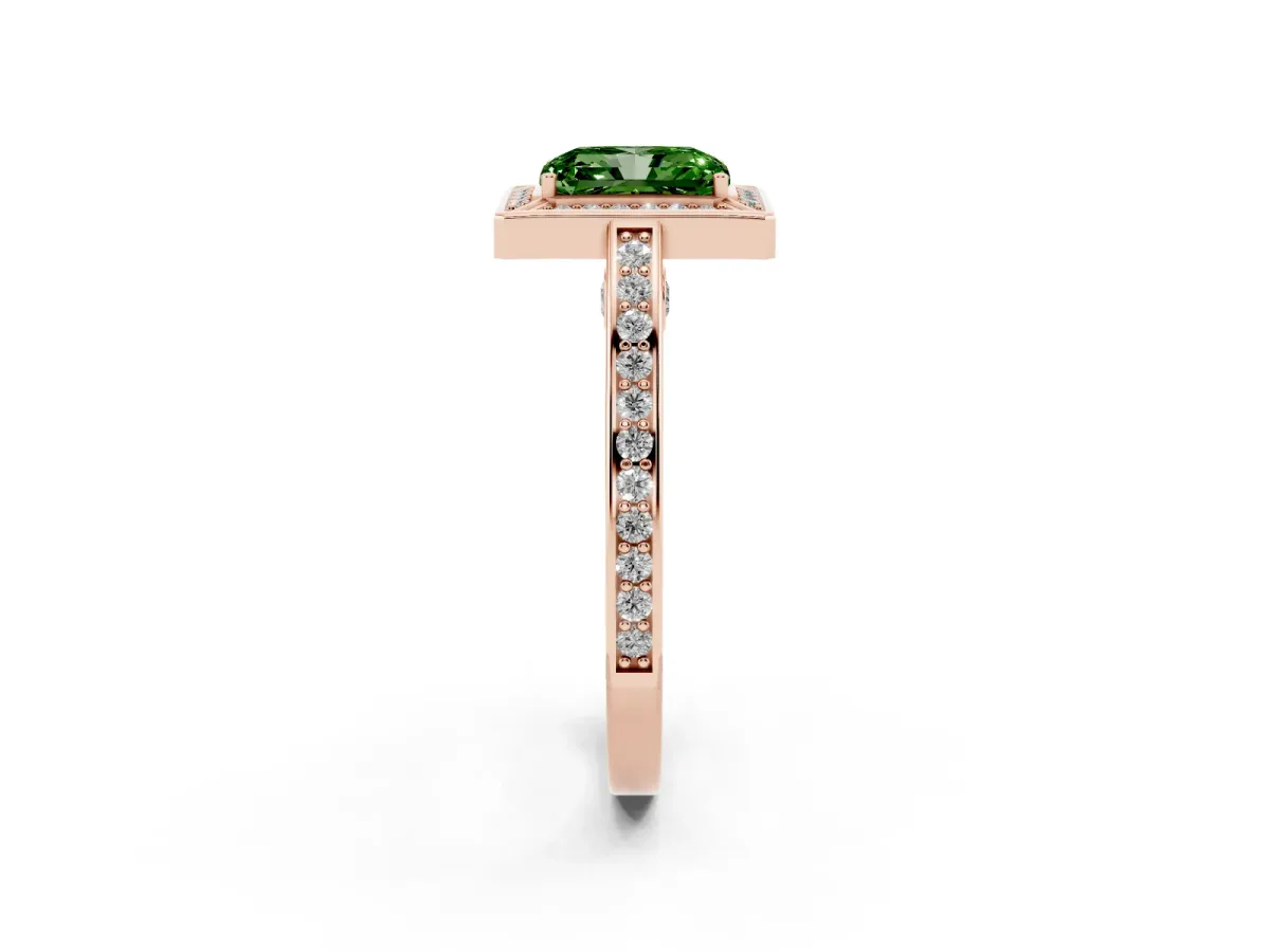 Fancy Green Radiant Cut Cut Halo Pave Split Shank Prong Setting Ring Rose gold