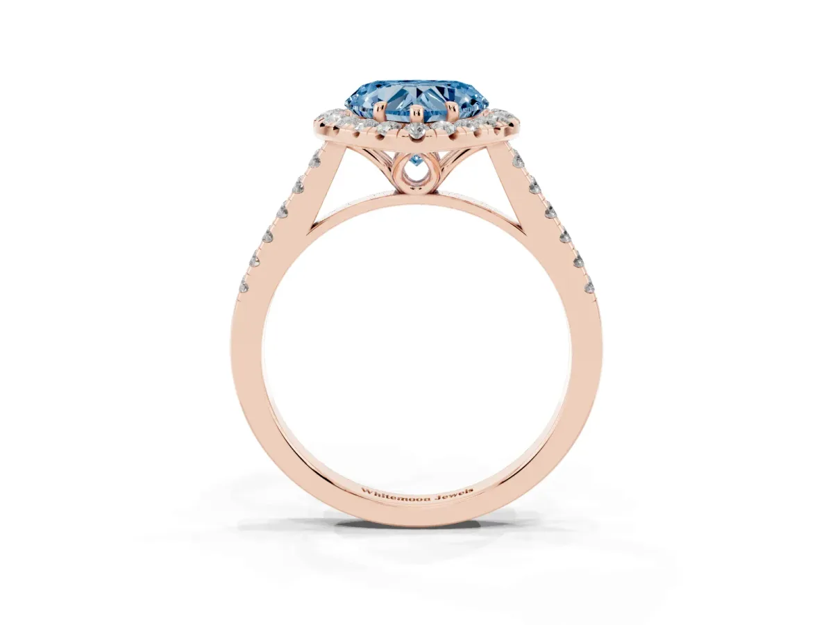 Fancy Blue Heart Cut Halo Pavé Diamond Engagement Ring with Four-Prong Setting Rose gold