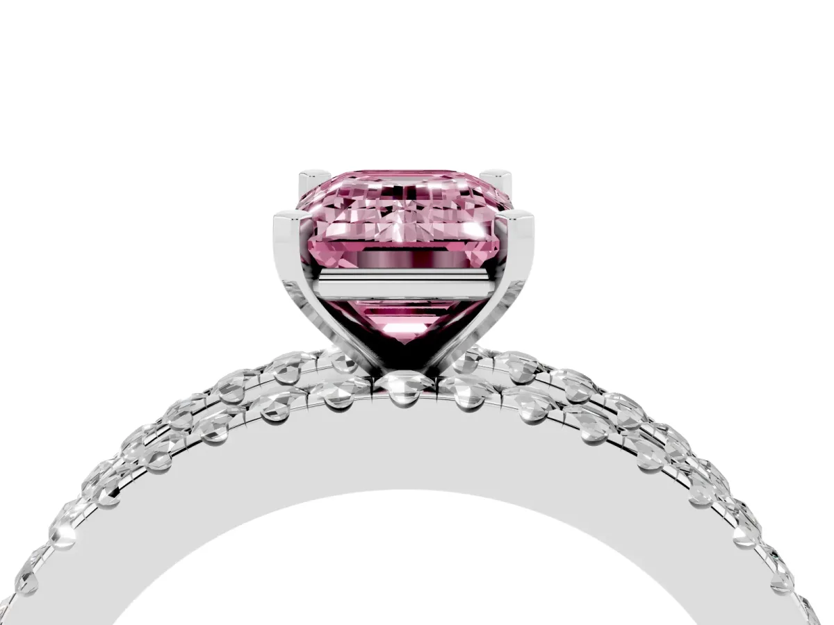 Fancy Pink Emerald Cut Diamond Solitaire Ring with Pavé and Channel Set Band Silver