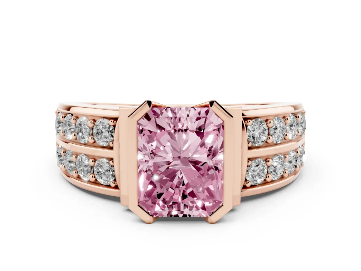 Fancy Pink Radiant Cut Brilliant Diamond Channel Set Wide Band Ring with Bezel Setting Rose gold