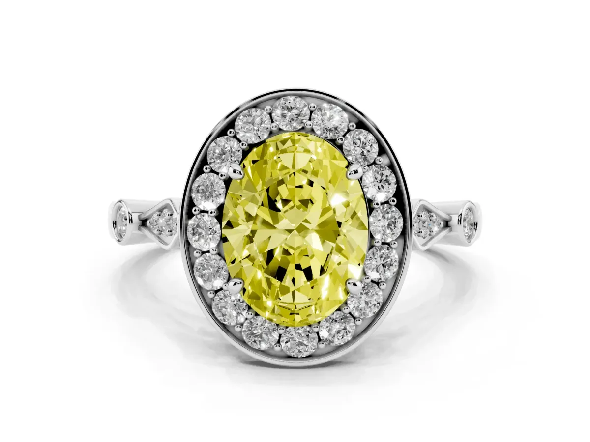 Fancy Yellow Oval Cut Halo Diamond Engagement Ring with Twisted Band and Four-Prong Setting Silver
