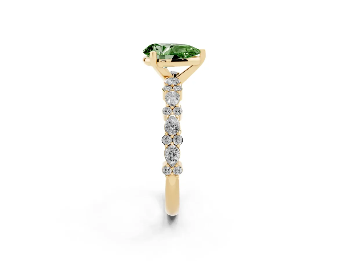 Fancy Green Pear Cut Diamond Side Stone Solitaire Ring with Round and Four-Prong Setting Yellow gold