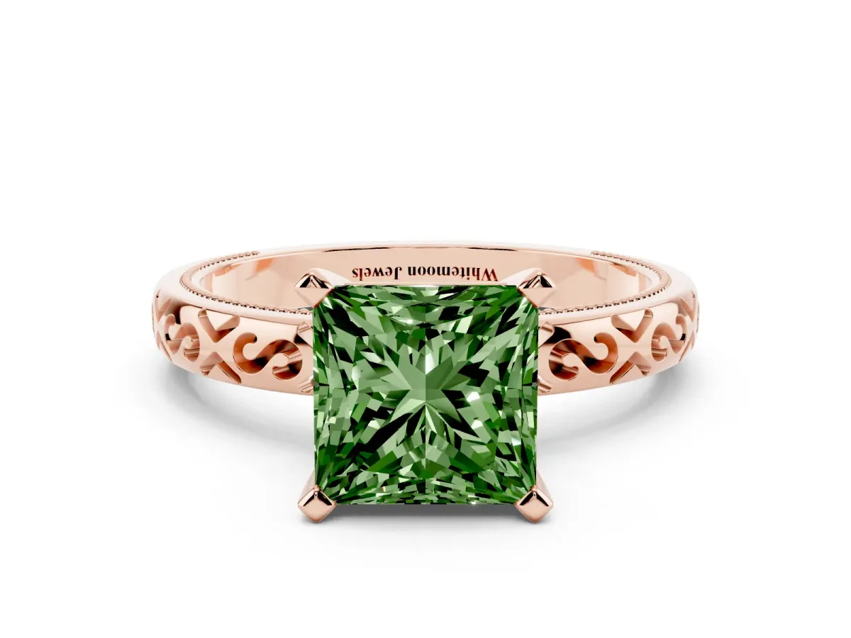 Fancy Green Princess Cut Solitaire Engagement Ring with Scrollwork Band and Four-Prong Setting Rose gold