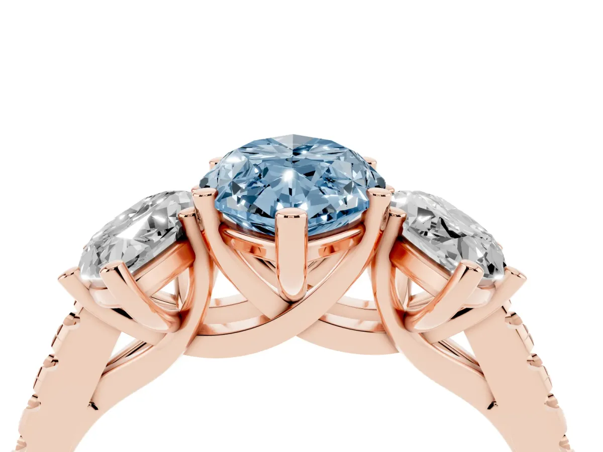 Fancy Blue Three-Stone Marquise Cut Diamond Ring with Round Pavé Band and Prong Setting Rose gold