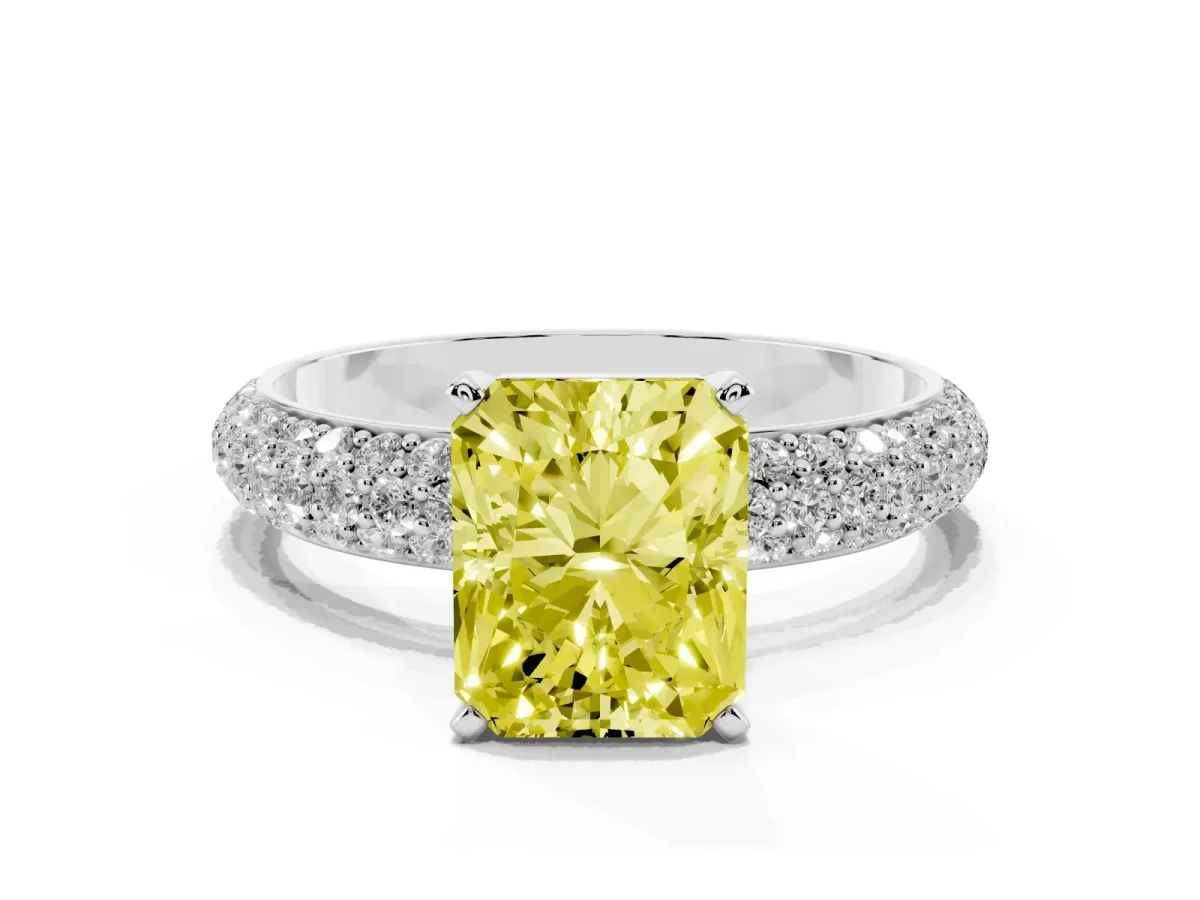 Fancy Yellow Radiant Cut Diamond Solitaire Ring with Prong Setting and Pavé Band Silver