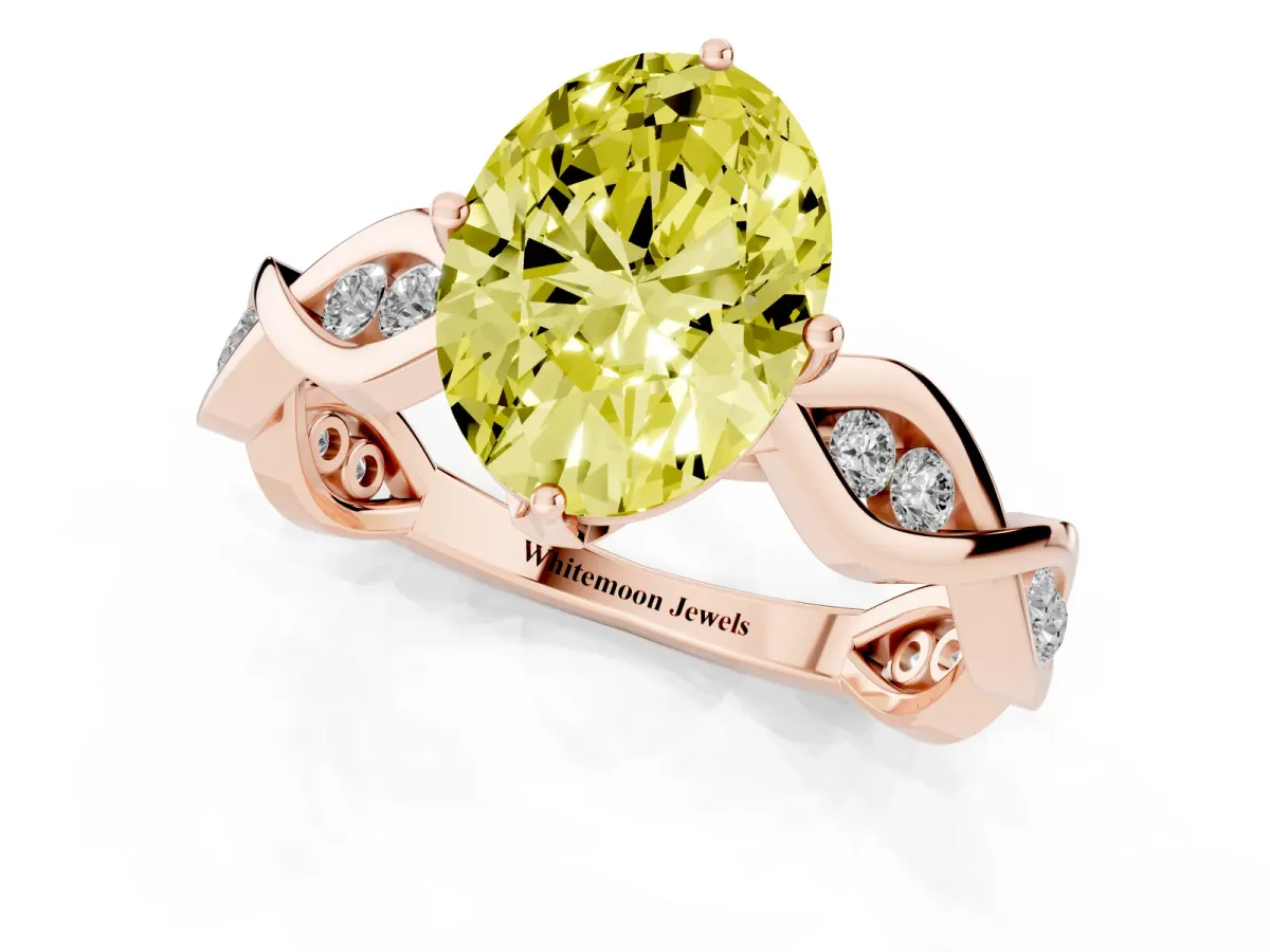 Fancy Yellow Oval Cut Solitaire Twist Band with Leaf Prong Setting Rose gold