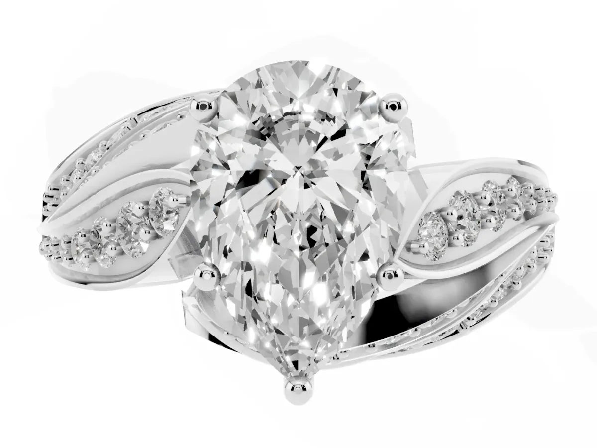 Pear Cut Diamond Solitaire Ring with Prong Setting and Twisted Pavé Band Silver
