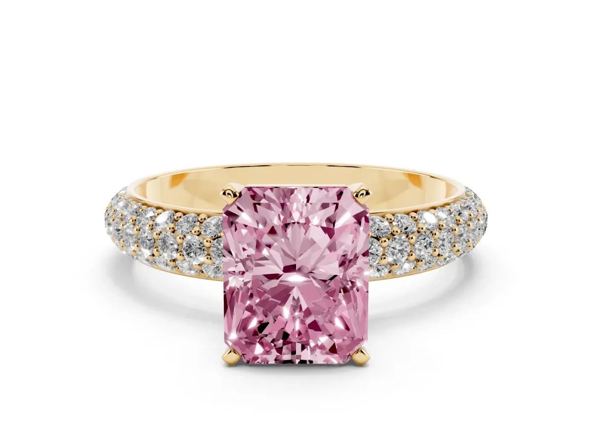 Fancy Pink Radiant Cut Diamond Solitaire Ring with Prong Setting and Pavé Band Yellow gold