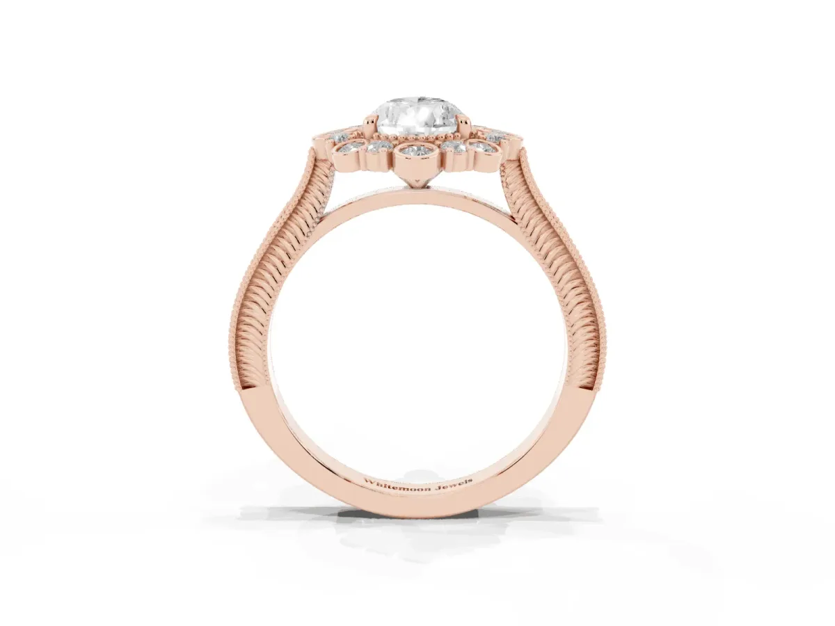 Pear Cut Halo Milgrain Pave Diamond Ring with Four-Prong Setting Rose gold