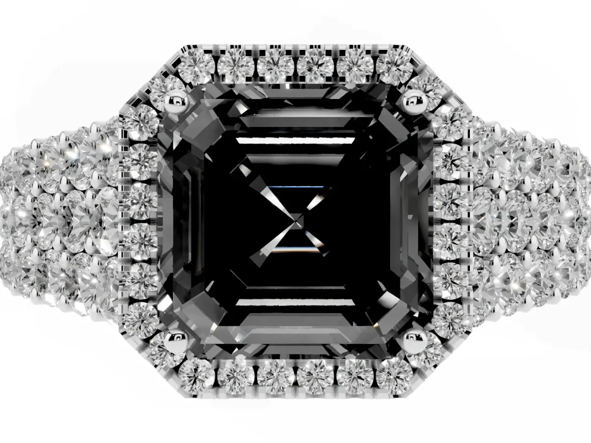 Fancy Black Asscher Cut Diamond Halo Engagement Ring with Triple Row Round Pavé Band and Prong Setting Silver