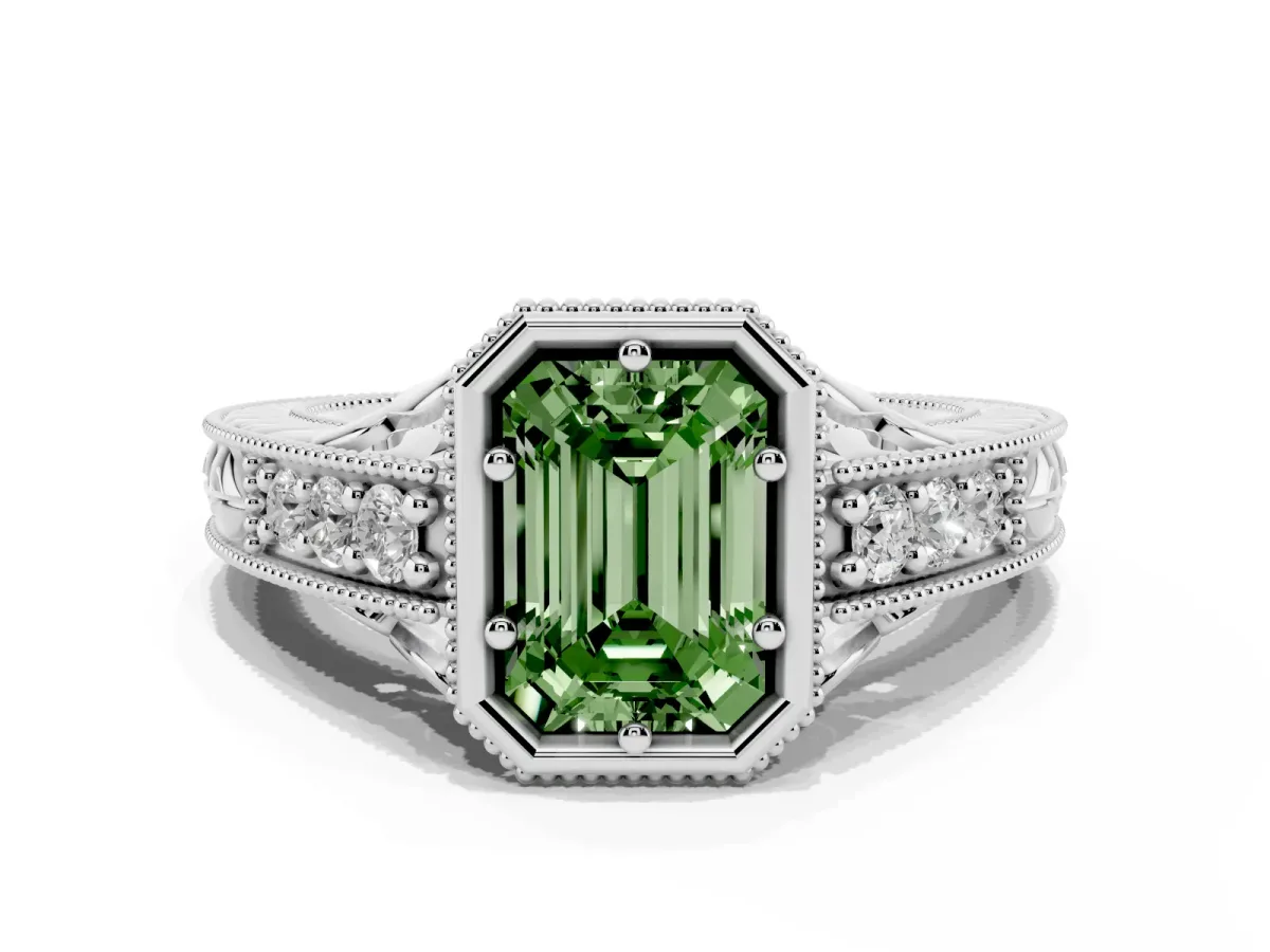 Fancy Green Bezel Set Emerald Cut Diamond Milgrain Pave Engagement Ring Platinum