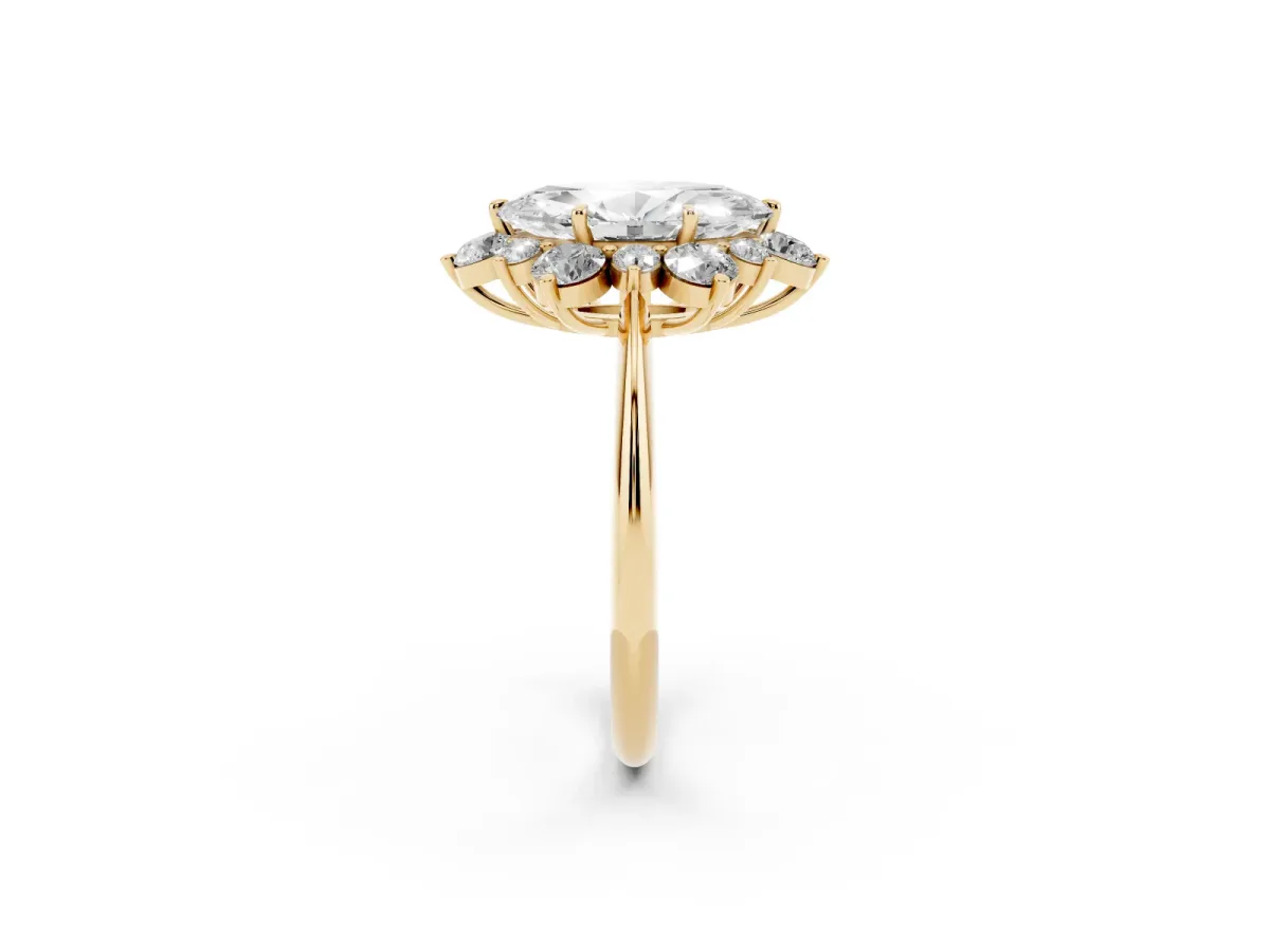 Marquise Cut Diamond Cluster Halo Ring with Solitaire Band and Four-Prong Setting Yellow gold