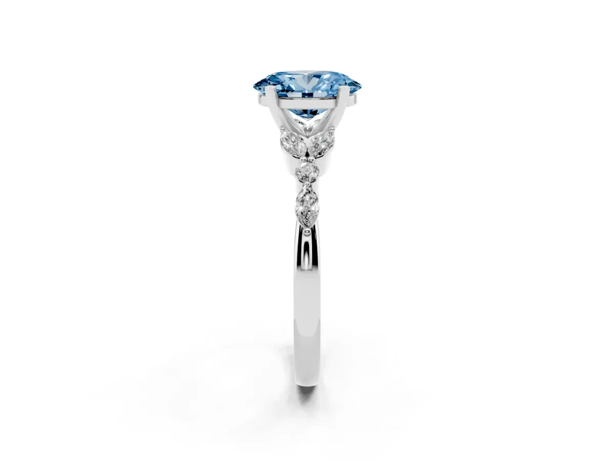 Fancy Blue Oval Cut Diamond Solitaire Ring with Side Stones and Four-Prong Setting Silver
