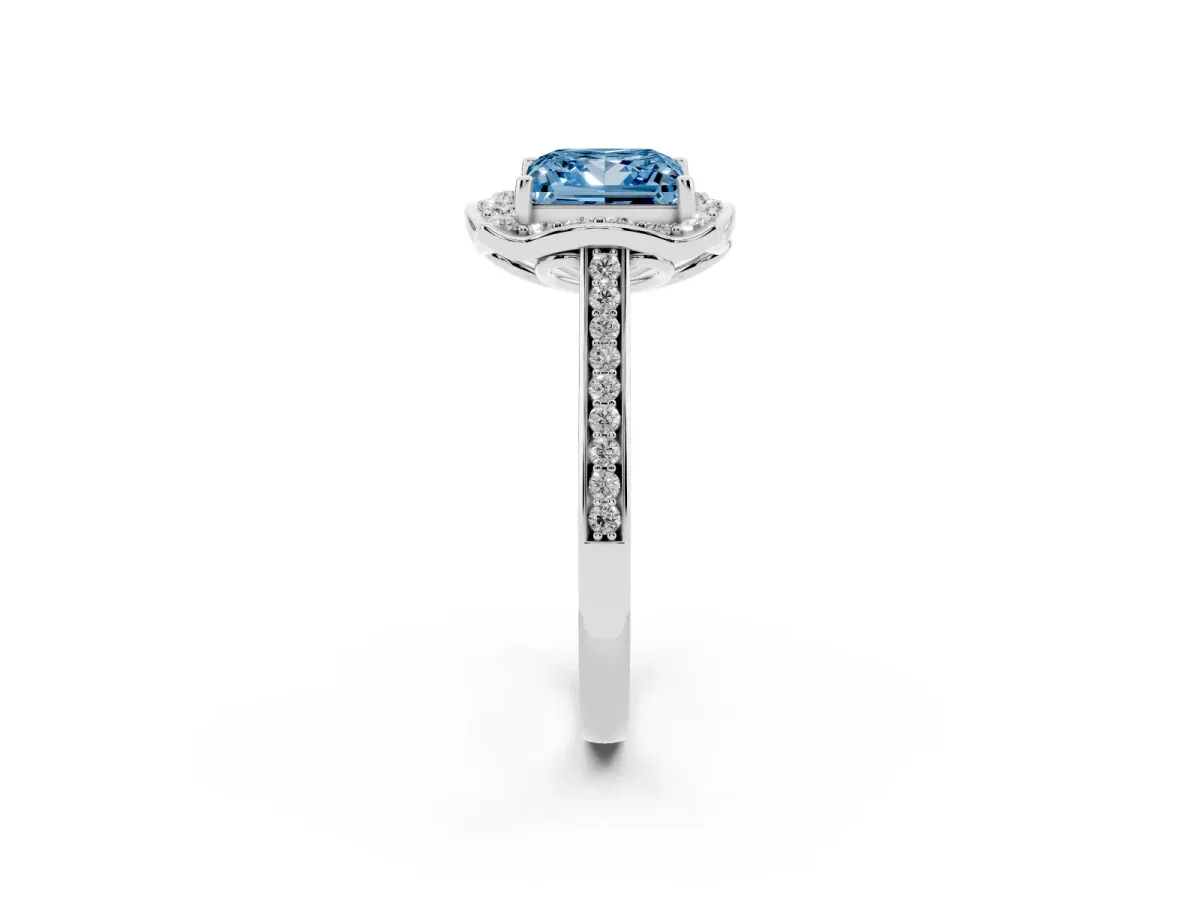 Fancy Blue Princess Cut Halo Round Diamond Pave Band with Four-Prong Setting Silver