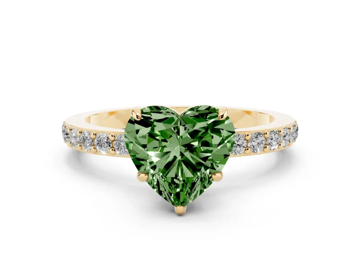Fancy Green Heart Cut Diamond Pavé Engagement Ring with Round Accents and Prong Setting Yellow gold