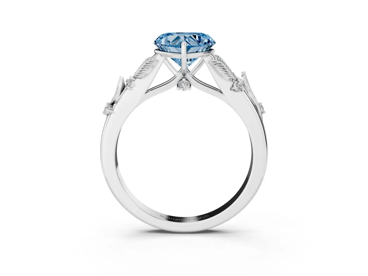 Fancy Blue Heart Cut Diamond Solitaire Ring with Leaf Motif Band and Four-Prong Setting Platinum
