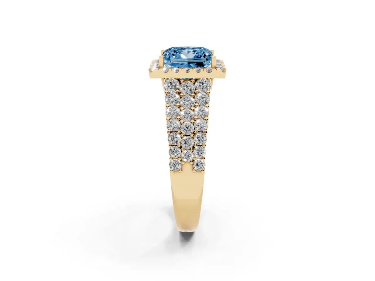 Fancy Blue Princess Cut Diamond Halo Engagement Ring with Triple Row Round Pavé Band and Prong Setting Yellow gold