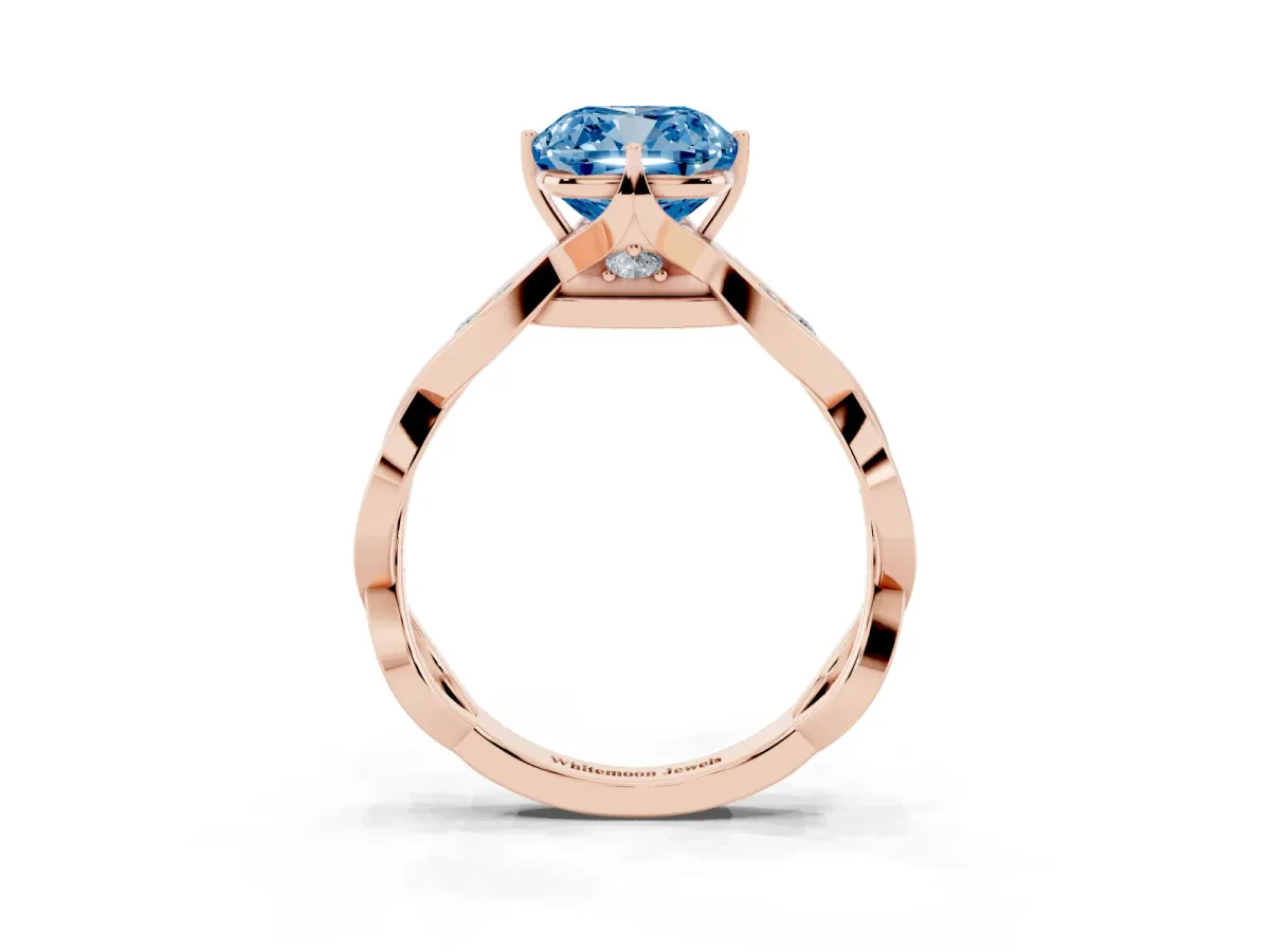 Fancy Blue Cushion Cut Solitaire Twist Band with Leaf Prong Setting Rose gold