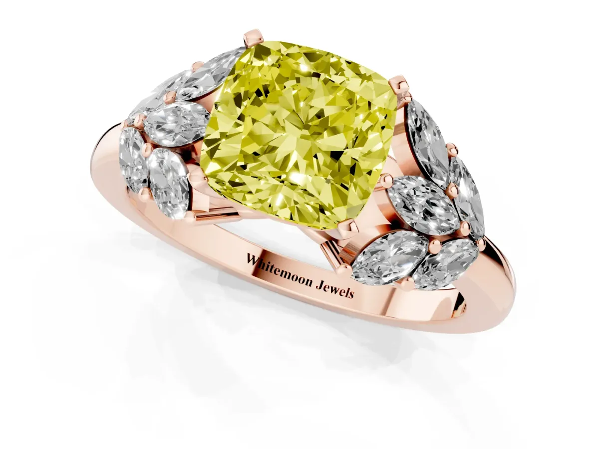 Fancy Yellow Cushion Cut Diamond Cluster Leaf Design Ring with Prong Setting Rose gold