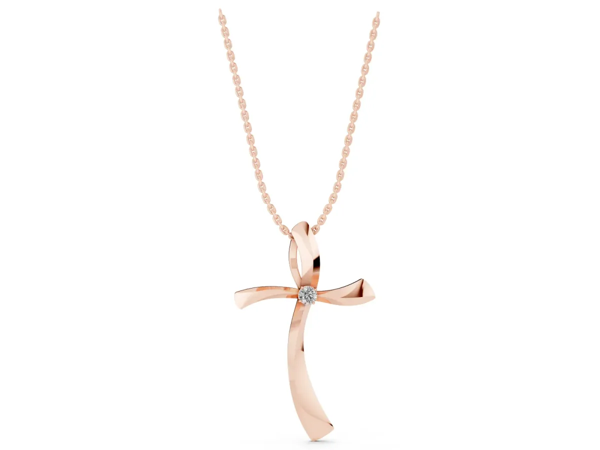 Curved Cross Pendant with Round Diamond in Bezel Setting Rose gold