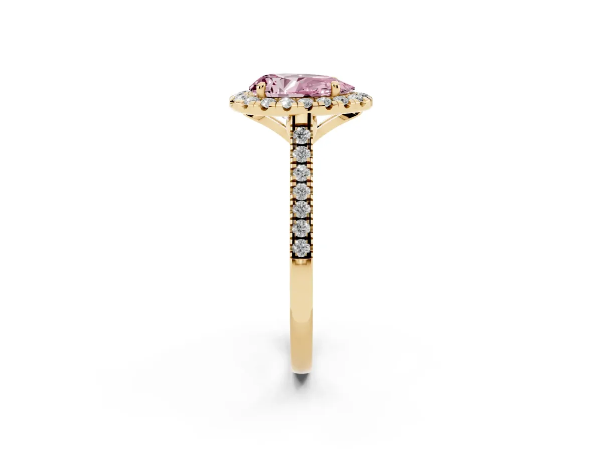 Fancy Pink Pear Cut Diamond Cushion Halo Ring with Pavé Band Yellow gold