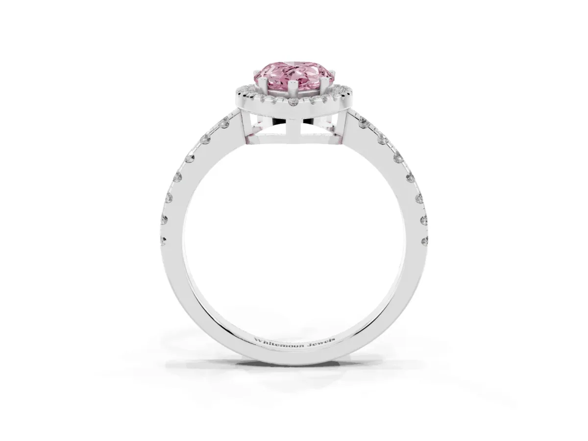 Fancy Pink Pear Cut Diamond Halo Ring with Pavé Band and Four-Prong Setting Platinum