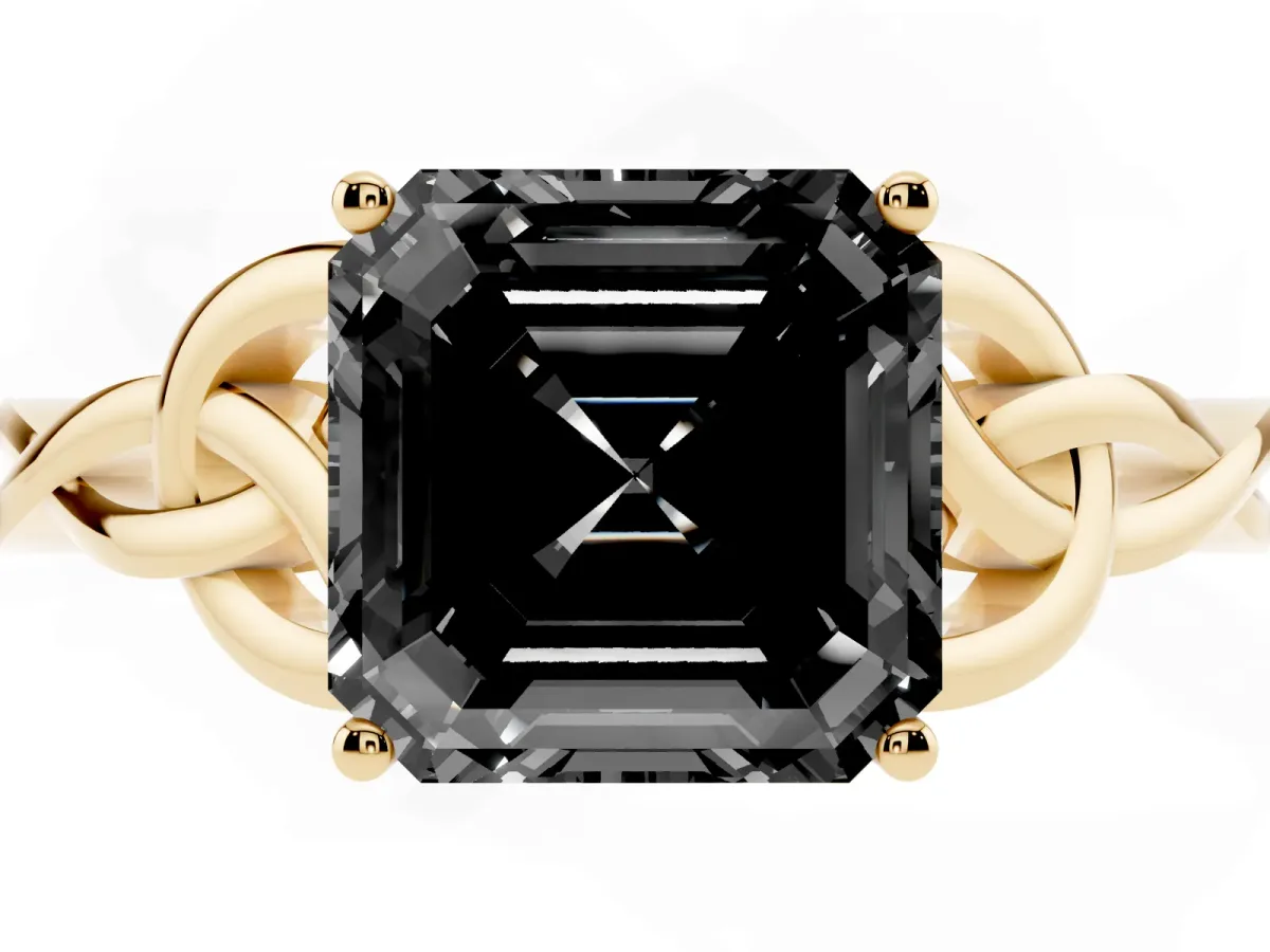 Fancy Black Asscher Cut Diamond Solitaire Engagement Ring with Celtic Knot Band and Four-Prong Setting Yellow gold