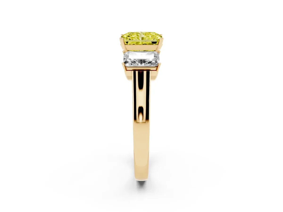 Fancy Yellow Three-Stone Radiant Cut Brilliant Diamond Trellis Ring with Comfort Fit Band Yellow gold