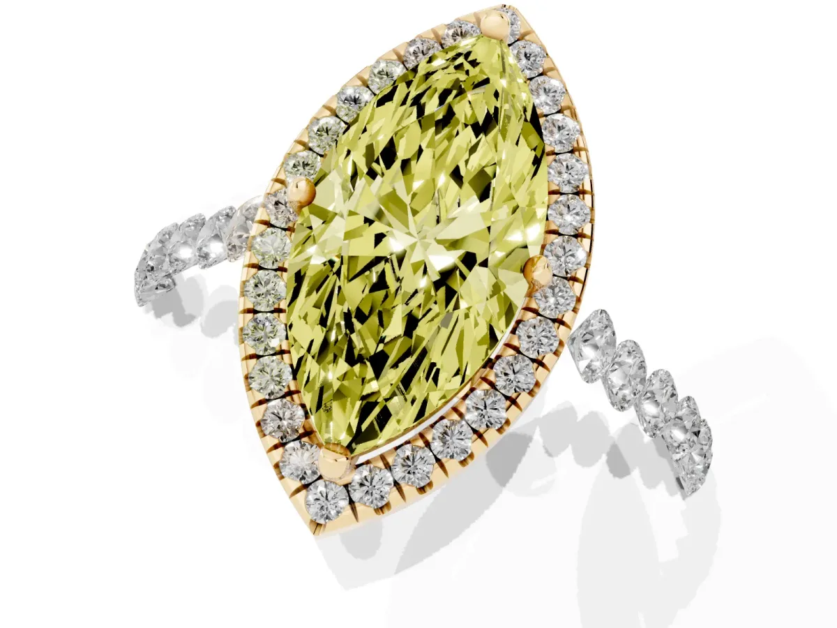 Fancy Yellow Marquise Cut Halo Pavé Diamond Engagement Ring with Four-Prong Setting Yellow gold