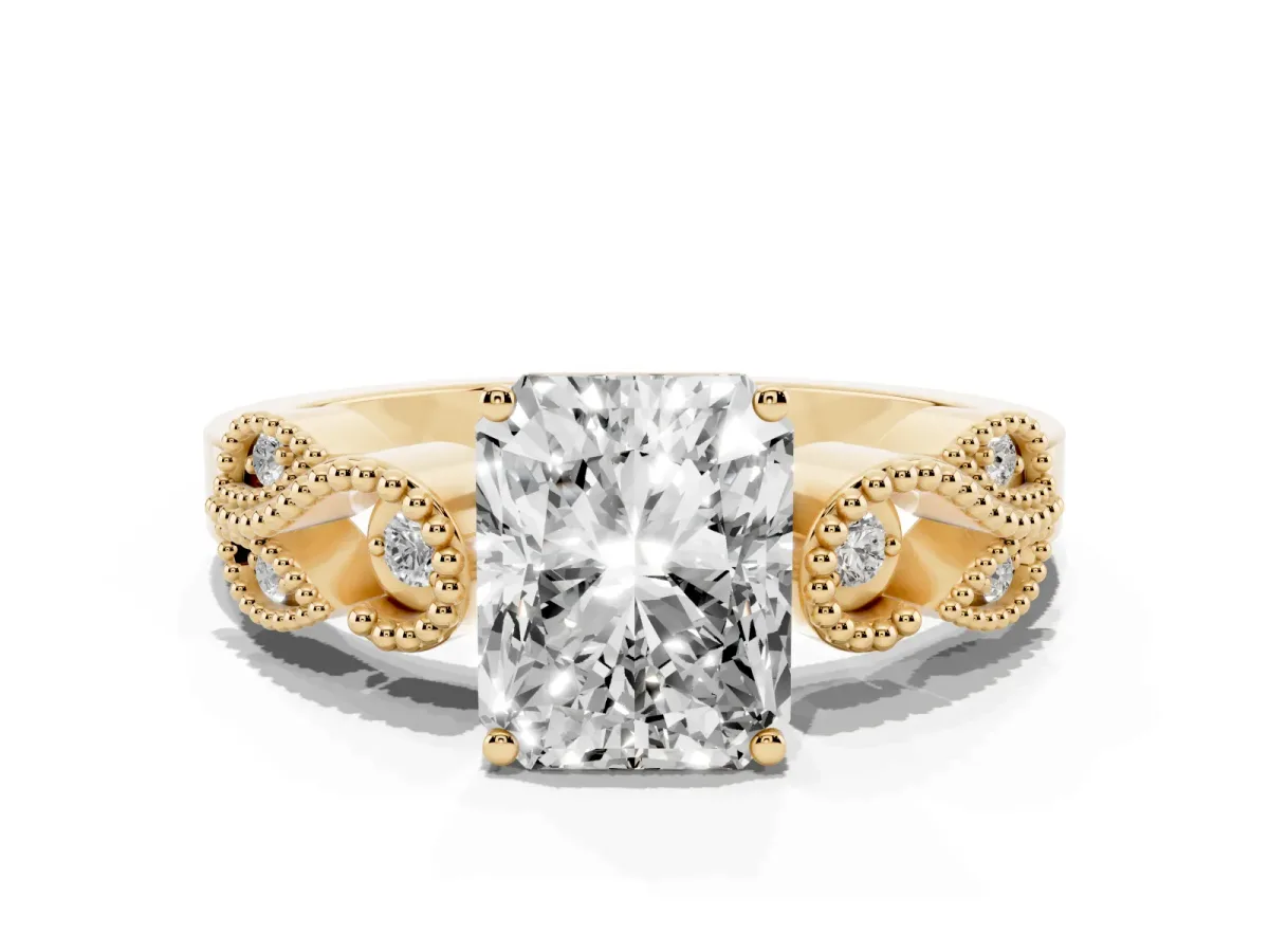 Princess Cut Solitaire Milgrain Leaf Band with Prong Setting Yellow gold