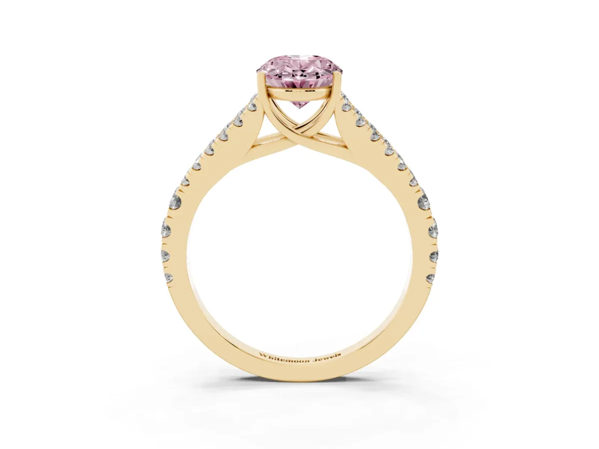 Fancy Pink Oval Cut Diamond Split Shank Engagement Ring with Round Pavé and Prong Setting Yellow gold