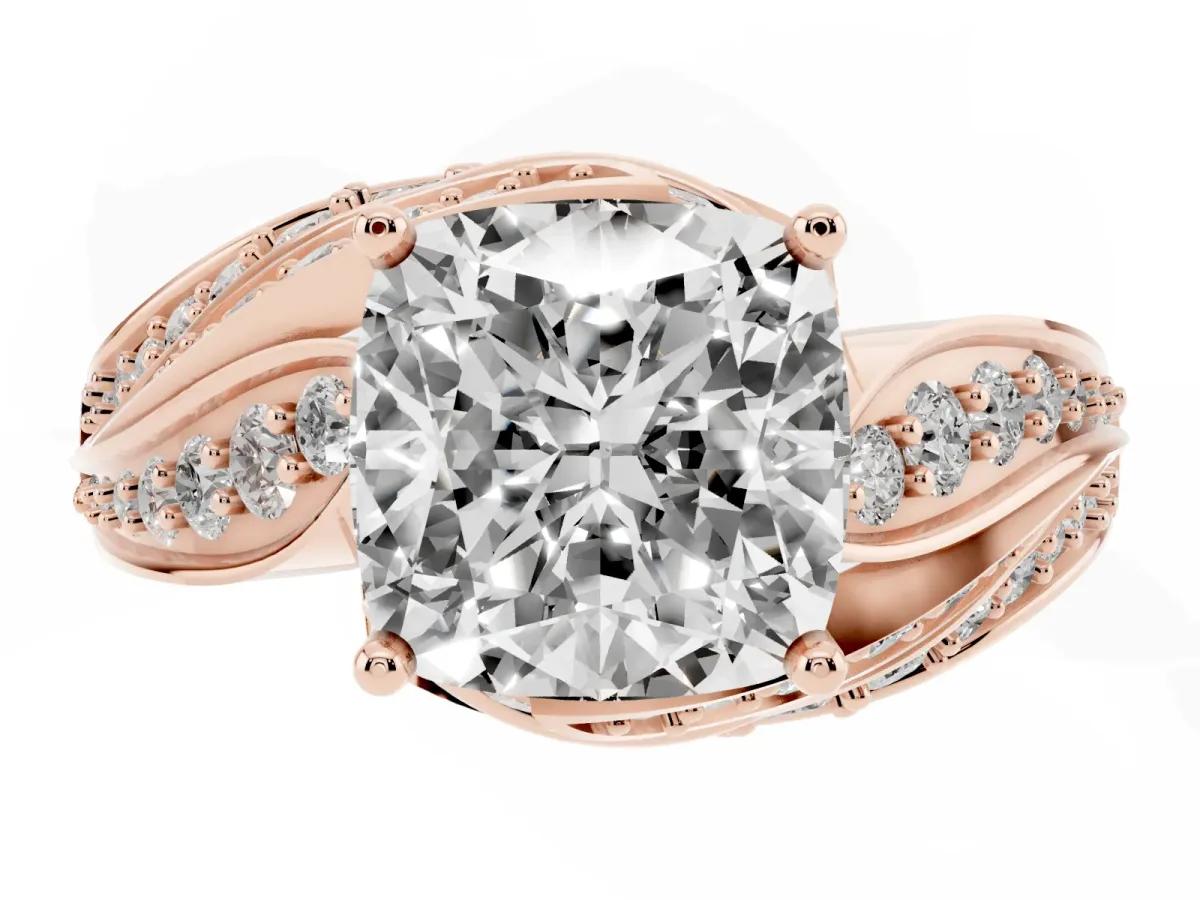 Cushion Cut Diamond Solitaire Ring with Prong Setting and Twisted Pavé Band Rose gold